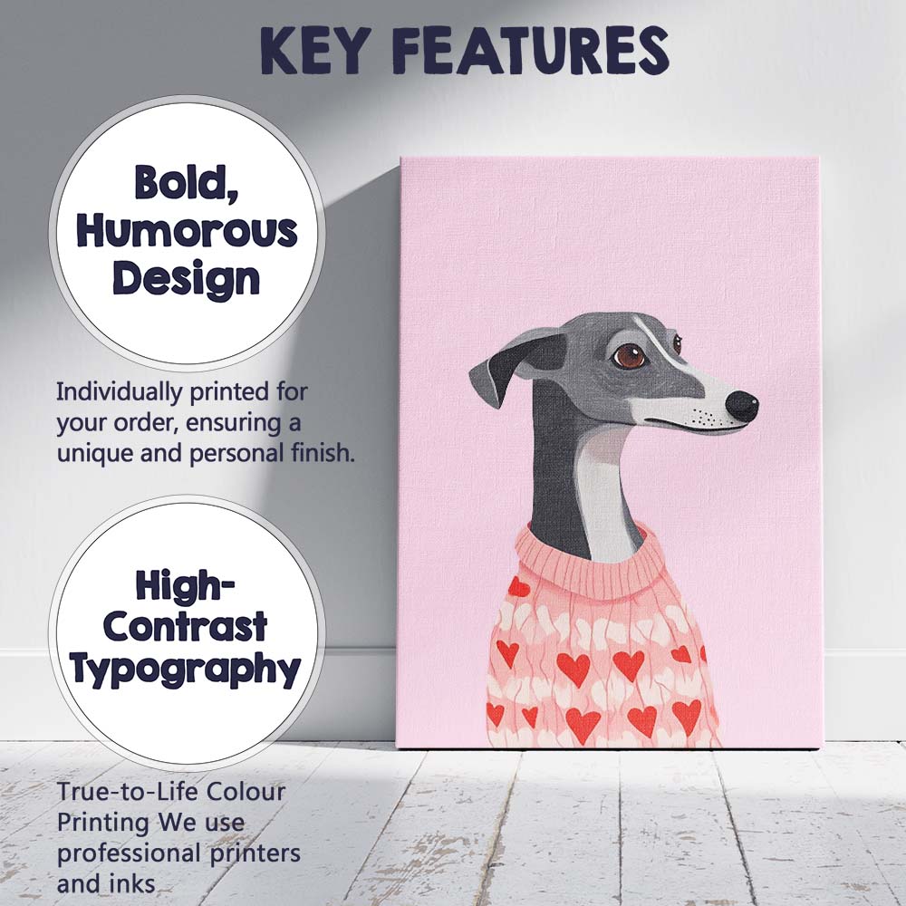 Whippet Dog Wearing Pink Heart Pattern Christmas Jumper Canvas Wall Art Print Decor Picture Ready to Hang
