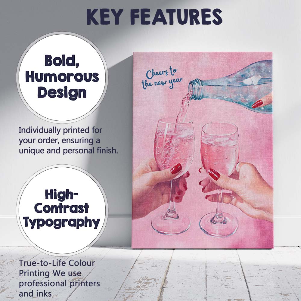 Cheers to the New Year Pink Champagne Toast Watercolour Celebration Canvas Wall Art Print Decor Picture Ready to Hang