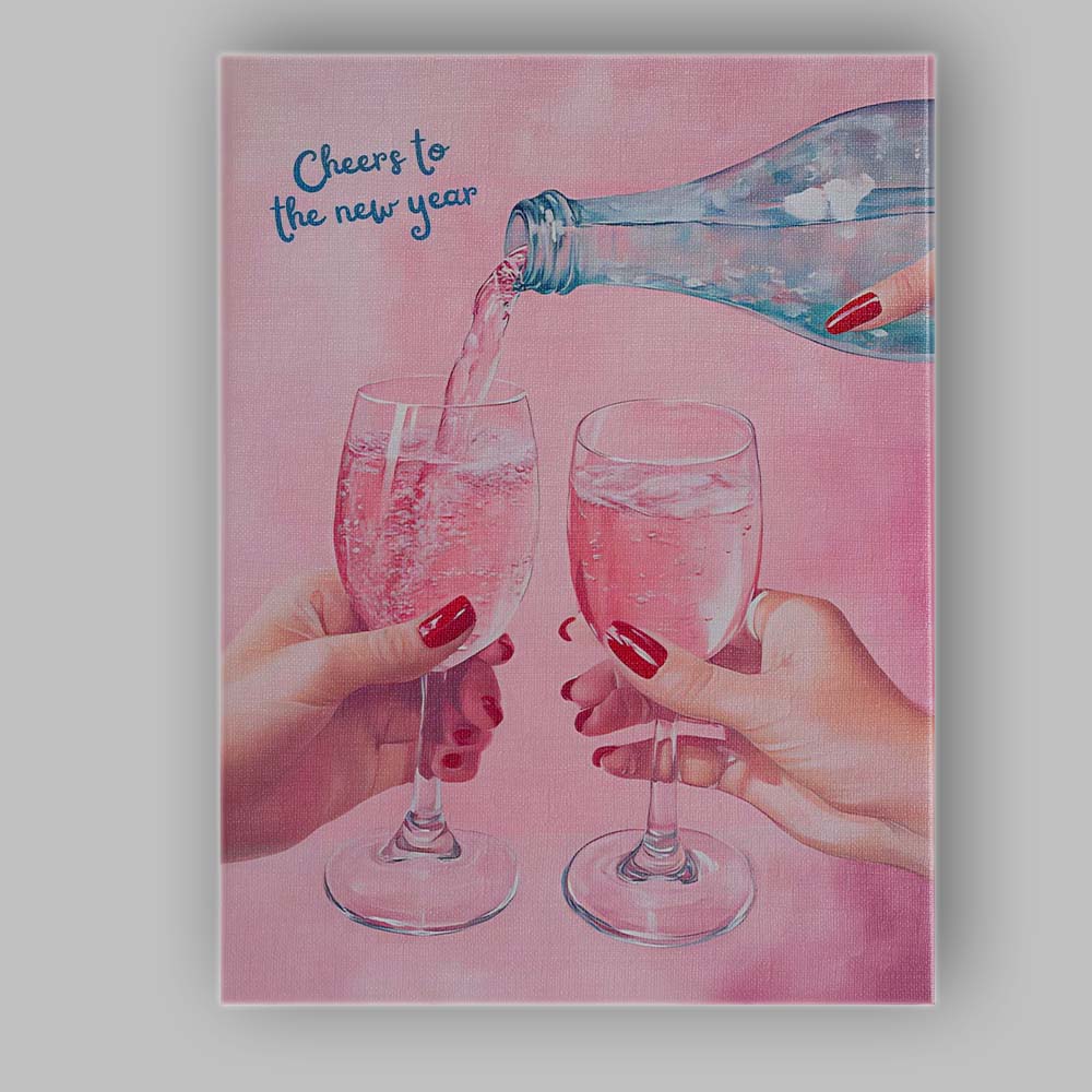 Cheers to the New Year Pink Champagne Toast Watercolour Celebration Canvas Wall Art Print Decor Picture Ready to Hang