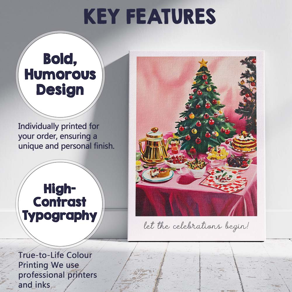 Festive Pink Christmas Dinner Table Holiday Feast Watercolour Canvas Wall Art Print Decor Picture Ready to Hang