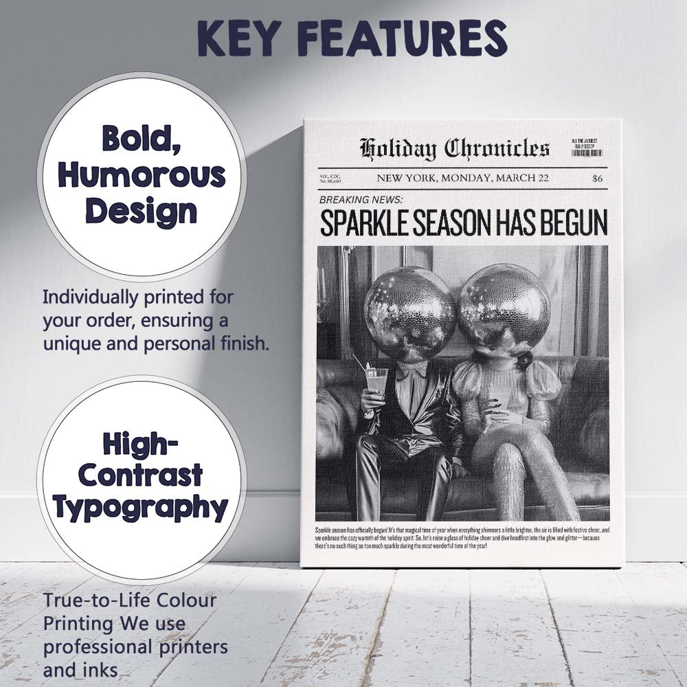Monochrome Holiday Chronicles Sparkle Season Disco Ball Newspaper Canvas Wall Art Print Decor Picture Ready to Hang