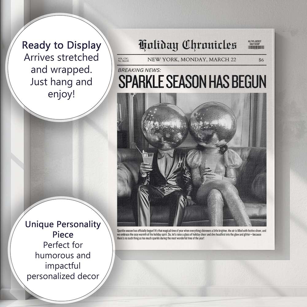 Monochrome Holiday Chronicles Sparkle Season Disco Ball Newspaper Canvas Wall Art Print Decor Picture Ready to Hang