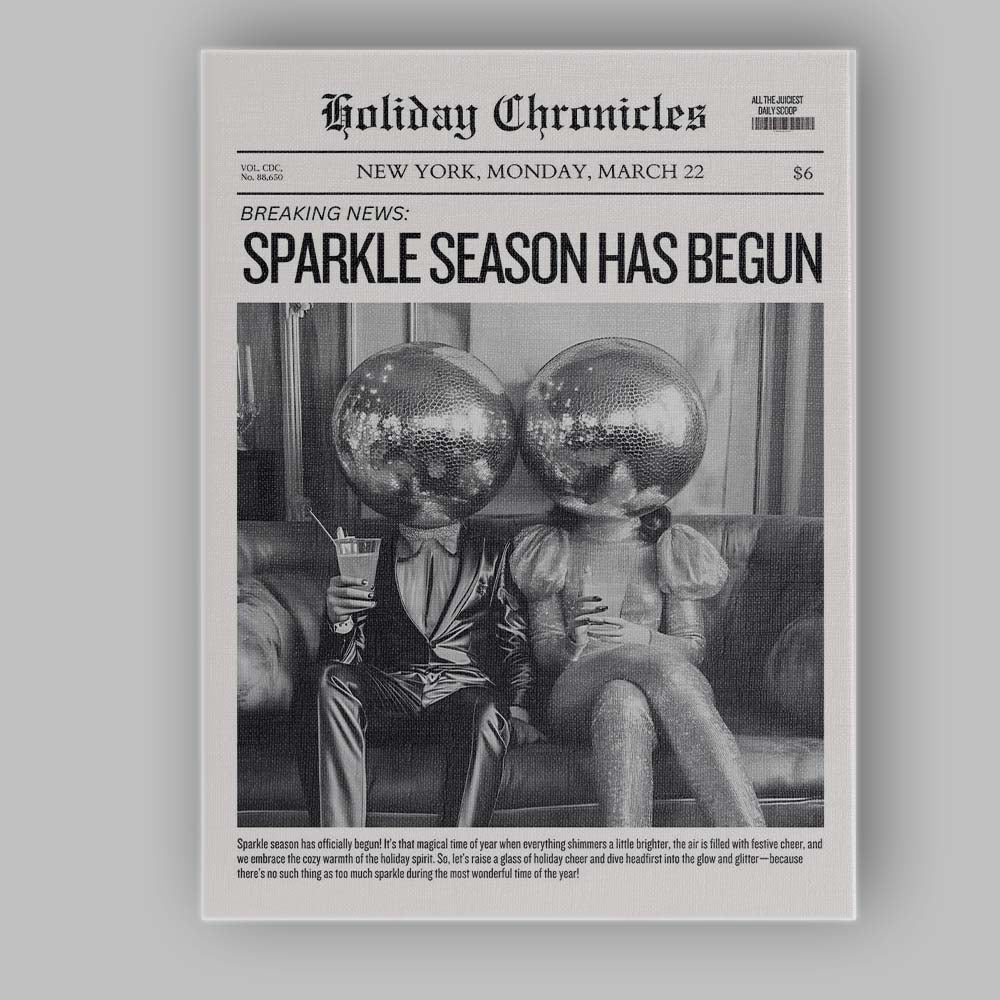 Monochrome Holiday Chronicles Sparkle Season Disco Ball Newspaper Canvas Wall Art Print Decor Picture Ready to Hang