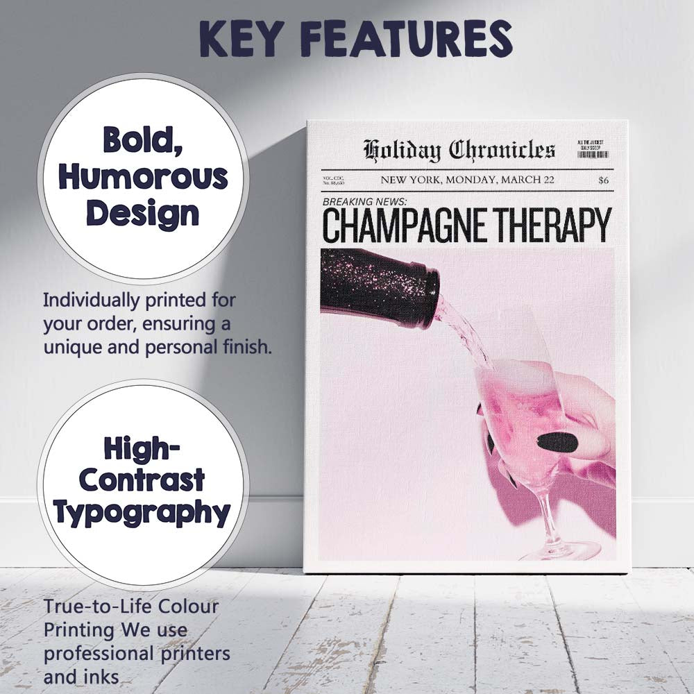 Minimalist Pink Champagne Therapy Editorial Newspaper Style Canvas Wall Art Print Decor Picture Ready to Hang