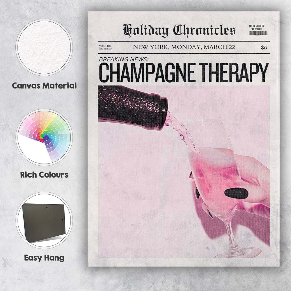 Minimalist Pink Champagne Therapy Editorial Newspaper Style Canvas Wall Art Print Decor Picture Ready to Hang