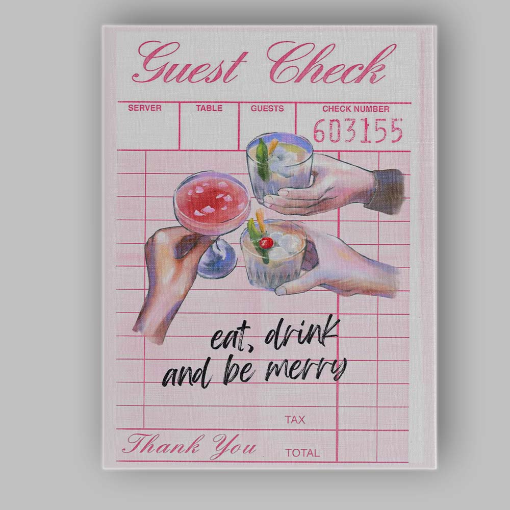 Pink Guest Check Eat Drink And Be Merry Cocktail Illustration Canvas Wall Art Print Decor Picture Ready to Hang