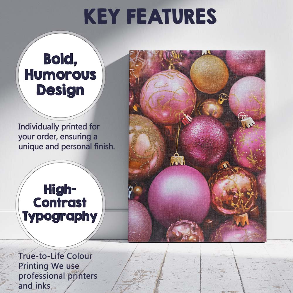 Luxury Pink And Gold Christmas Bauble Collection Canvas Wall Art Print Decor Picture Ready to Hang