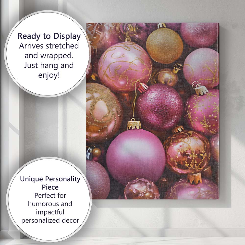 Luxury Pink And Gold Christmas Bauble Collection Canvas Wall Art Print Decor Picture Ready to Hang