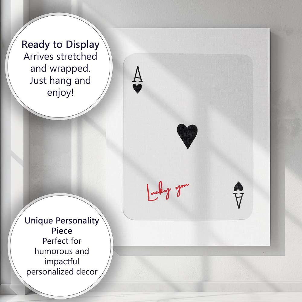 Minimalist Ace of Hearts Lucky You Typography Playing Card Canvas Wall Art Print Decor Picture Ready to Hang