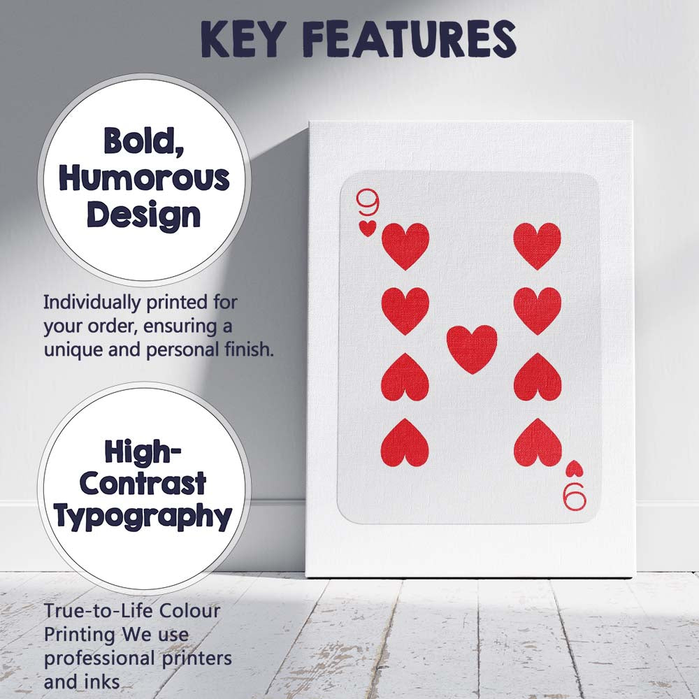 Minimalist Nine of Hearts Red Playing Card Modern Canvas Wall Art Print Decor Picture Ready to Hang