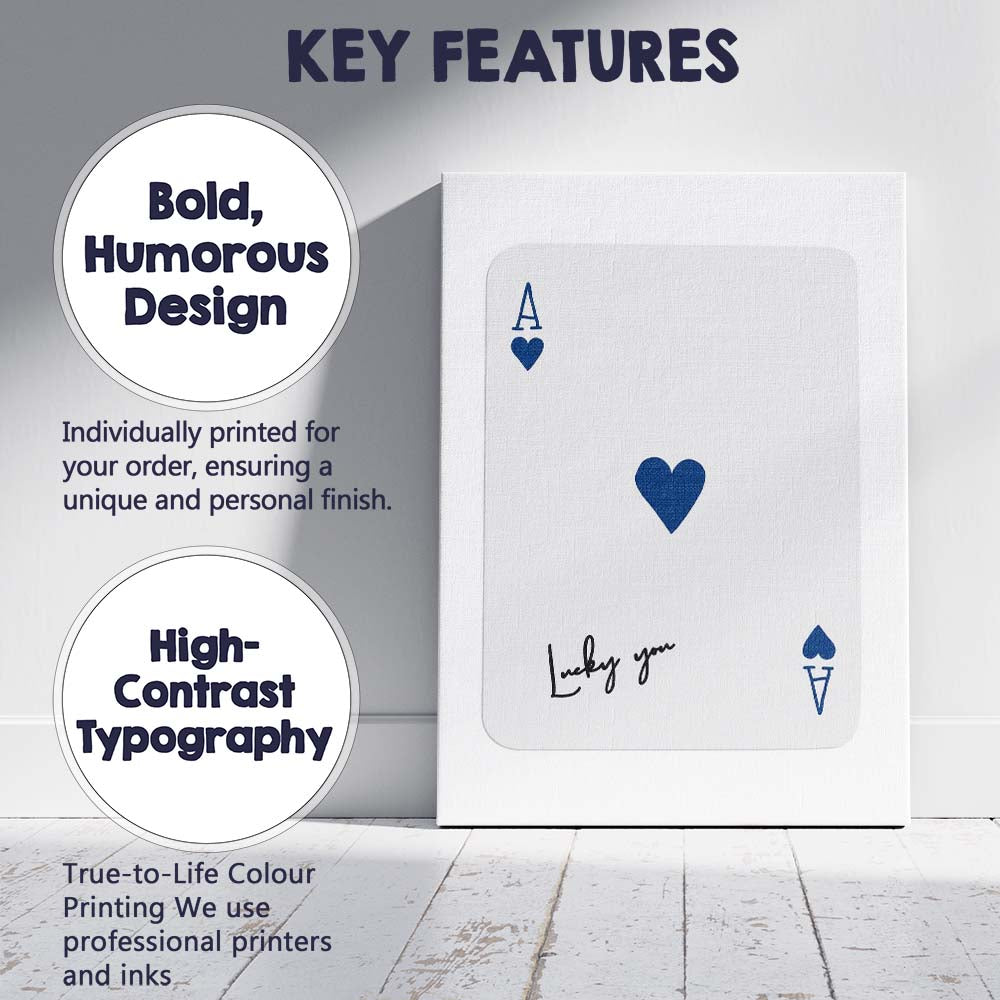 Minimalist Blue Ace of Hearts Lucky You Playing Card Canvas Wall Art Print Decor Picture Ready to Hang