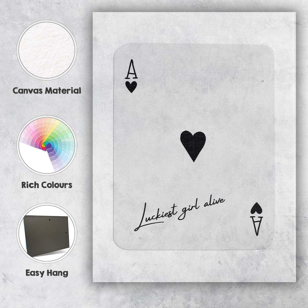 Minimalist Ace of Hearts Luckiest Girl Alive Playing Card Typography Canvas Wall Art Print Decor Picture Ready to Hang