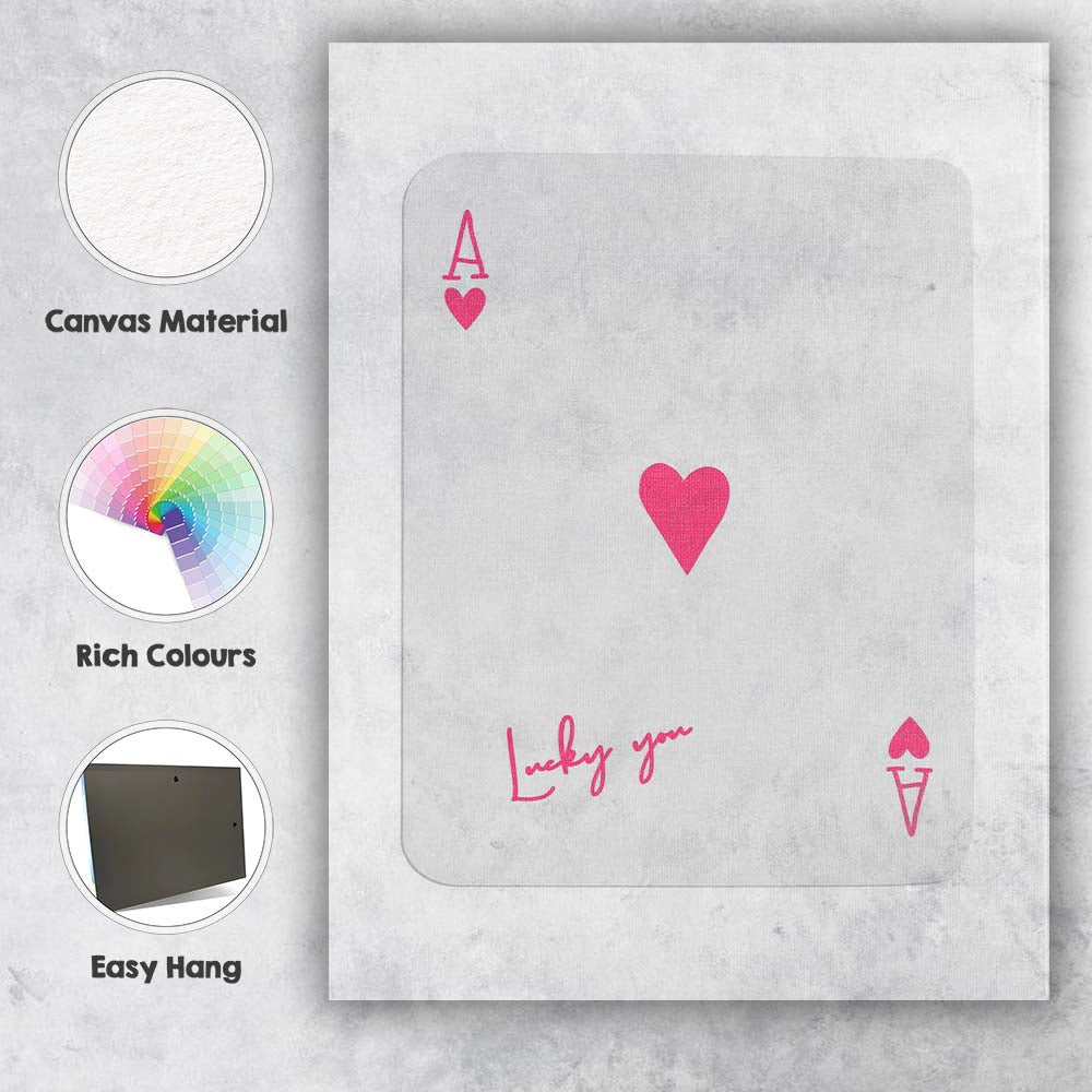 Minimalist Pink Ace of Hearts Lucky You Playing Card Canvas Wall Art Print Decor Picture Ready to Hang