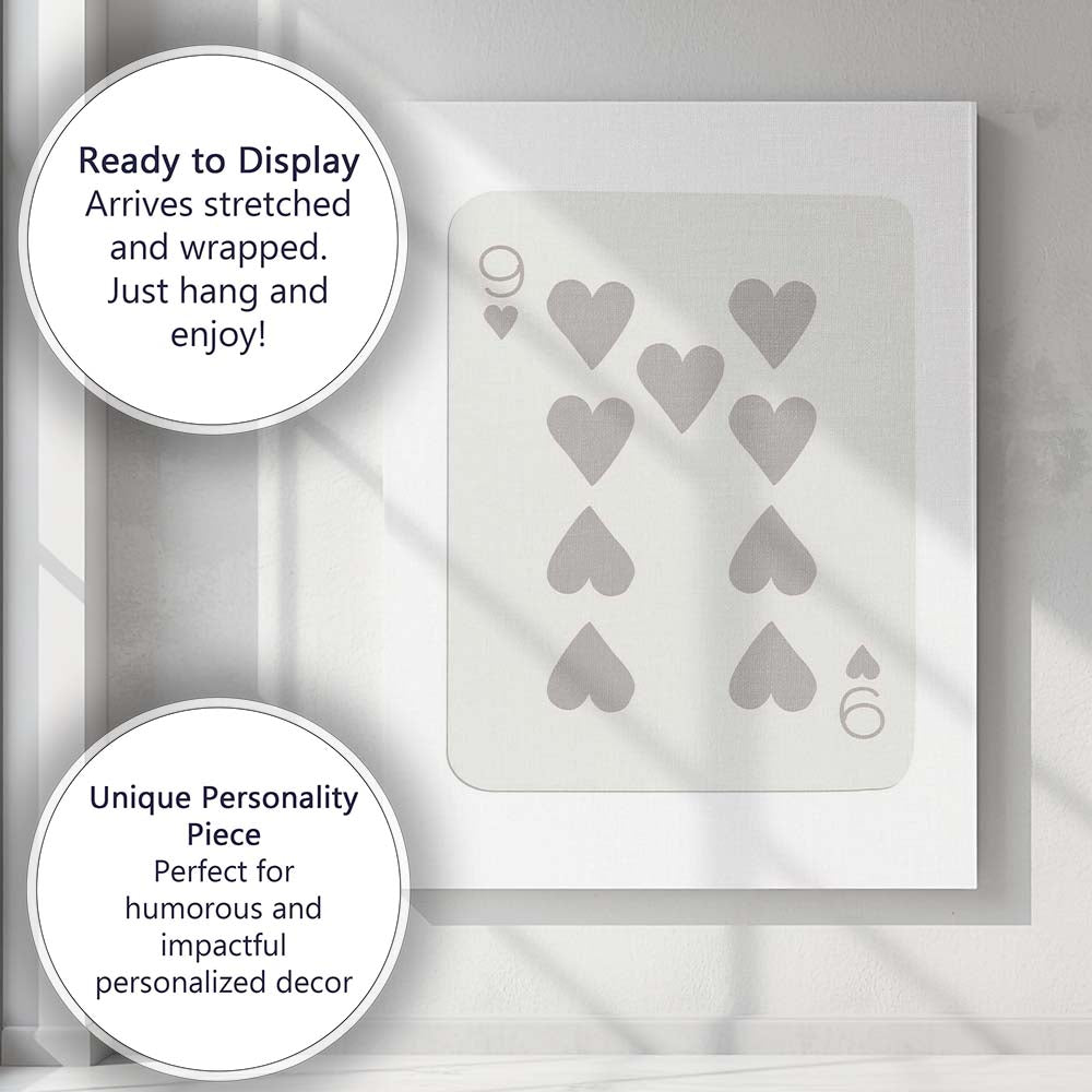 Minimalist Nine of Hearts Playing Card Neutral Modern Canvas Wall Art Print Decor Picture Ready to Hang