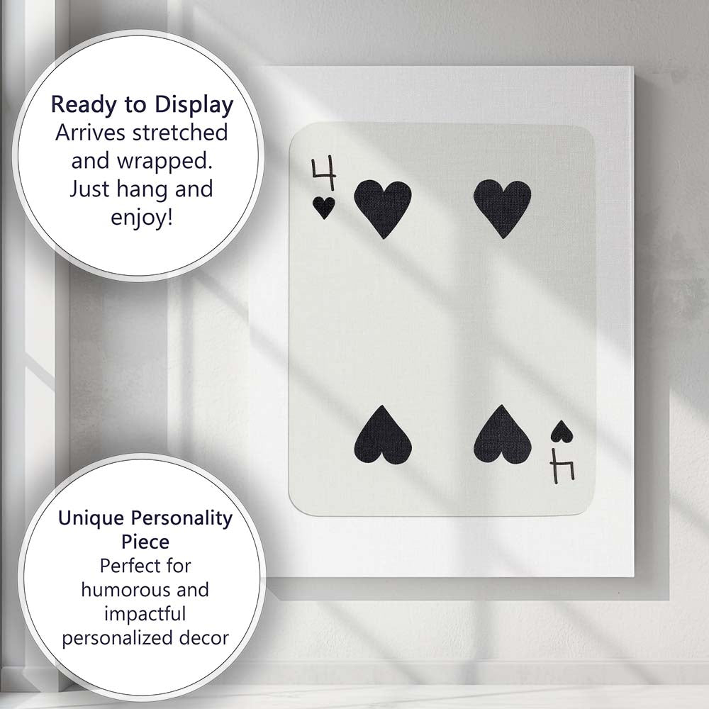 Minimalist Black Four of Hearts Playing Card Modern Classic Design Canvas Wall Art Print Decor Picture Ready to Hang