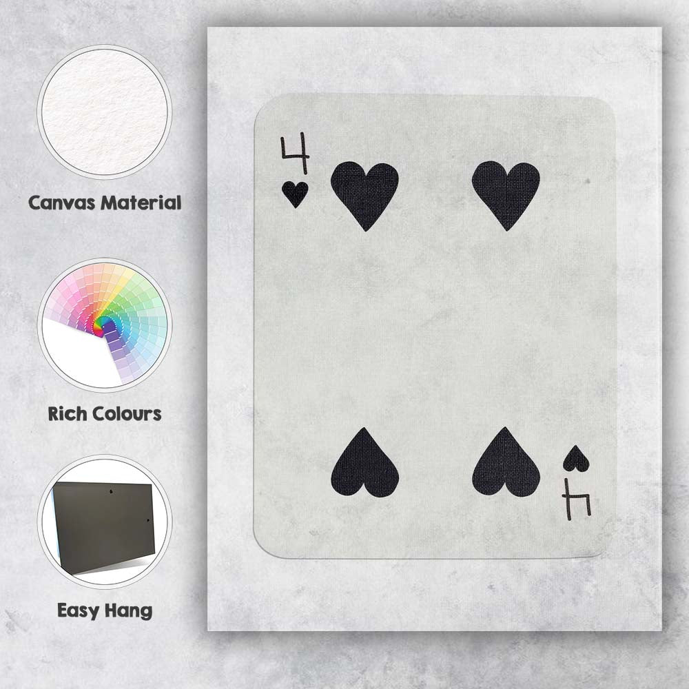Minimalist Black Four of Hearts Playing Card Modern Classic Design Canvas Wall Art Print Decor Picture Ready to Hang