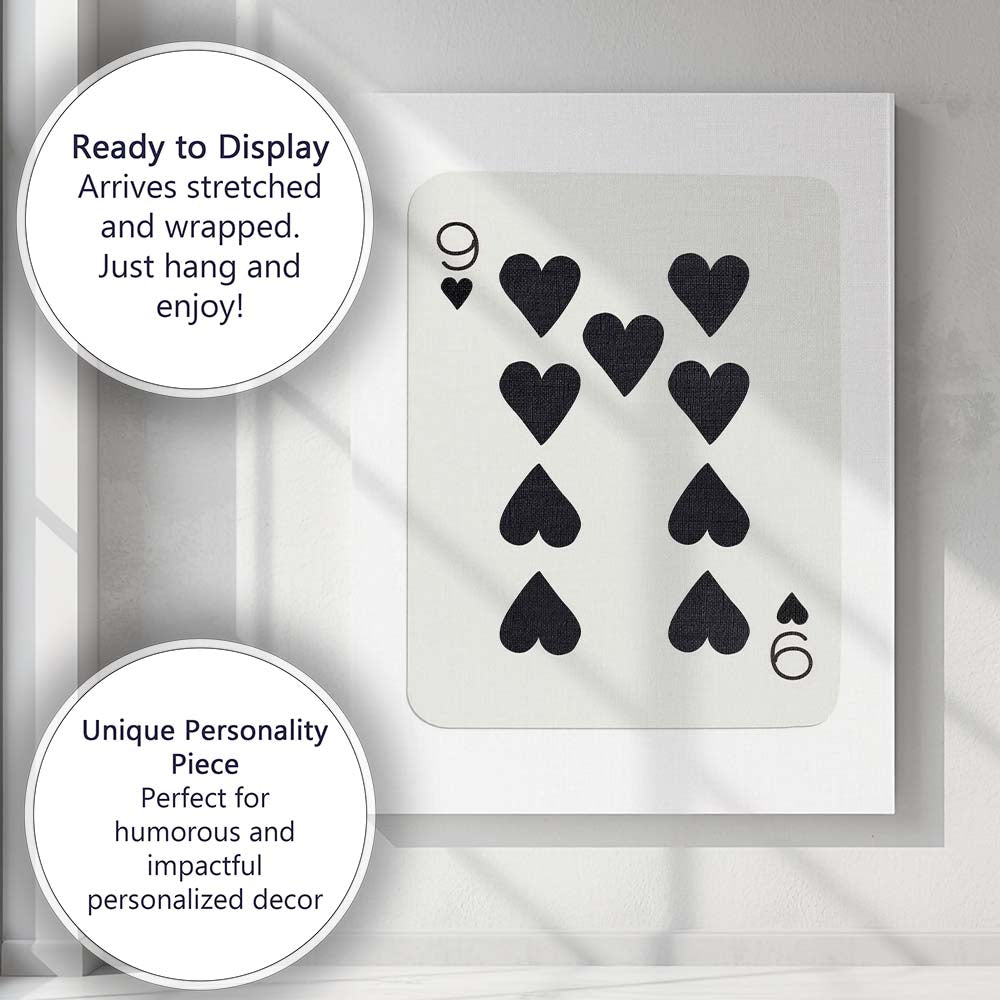 Minimalist Black Nine of Hearts Playing Card Modern Classic Design Canvas Wall Art Print Decor Picture Ready to Hang
