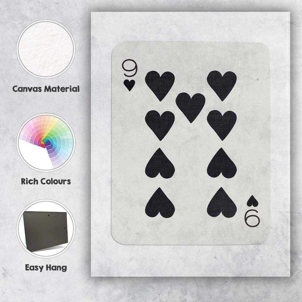 Minimalist Black Nine of Hearts Playing Card Modern Classic Design Canvas Wall Art Print Decor Picture Ready to Hang
