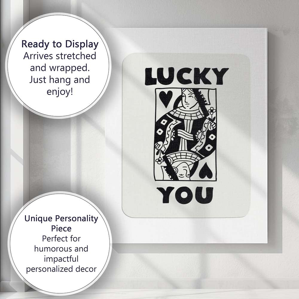 Lucky You Queen of Hearts Playing Card Typography Retro Casino Canvas Wall Art Print Decor Picture Ready to Hang