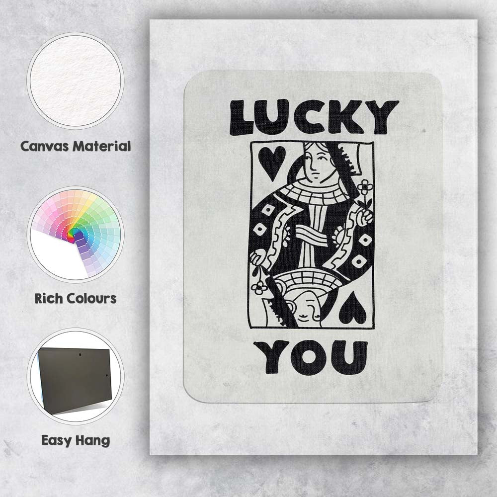 Lucky You Queen of Hearts Playing Card Typography Retro Casino Canvas Wall Art Print Decor Picture Ready to Hang