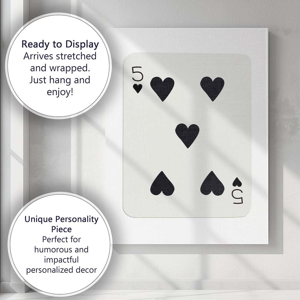 Minimalist Black Five of Hearts Playing Card Modern Classic Design Canvas Wall Art Print Decor Picture Ready to Hang