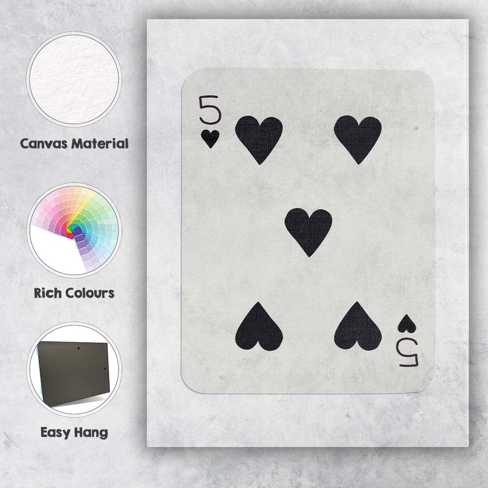 Minimalist Black Five of Hearts Playing Card Clean Modern Playing Card Canvas Wall Art Print Decor Picture Ready to Hang