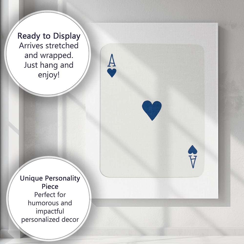 Minimalist Blue Ace of Hearts Playing Card Modern Simple Design Canvas Wall Art Print Decor Picture Ready to Hang