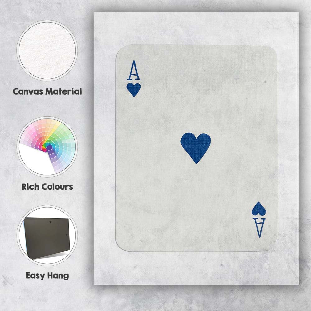 Minimalist Blue Ace of Hearts Playing Card Modern Simple Design Canvas Wall Art Print Decor Picture Ready to Hang