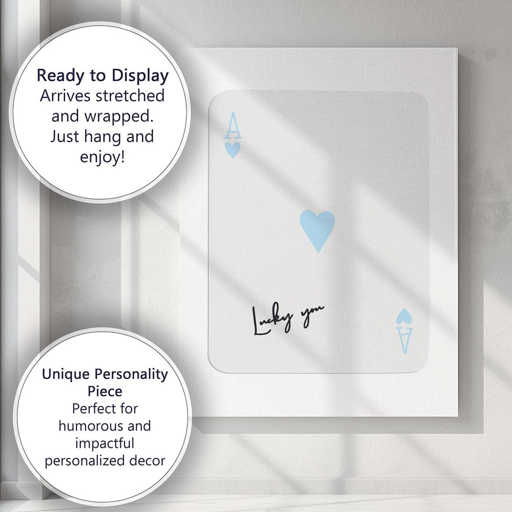 Minimalist Light Blue Ace of Hearts Lucky You Typography Playing Card Canvas Wall Art Print Decor Picture Ready to Hang