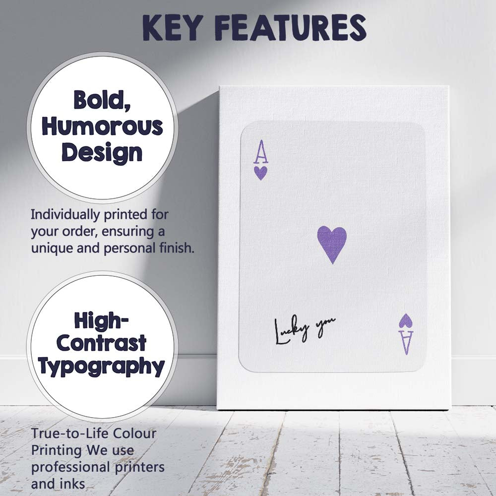 Minimalist Purple Ace of Hearts Lucky You Typography Playing Card Canvas Wall Art Print Decor Picture Ready to Hang
