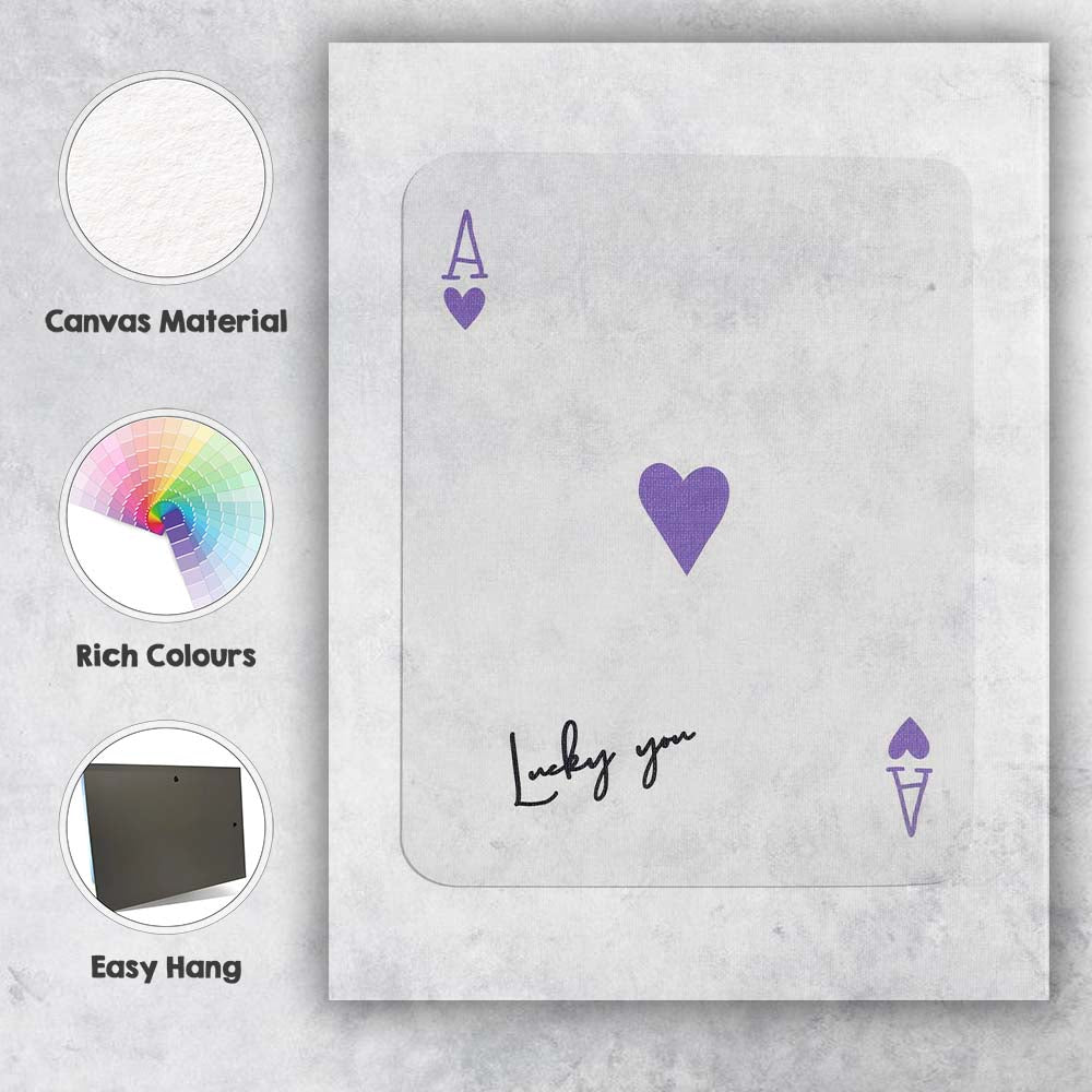 Minimalist Purple Ace of Hearts Lucky You Typography Playing Card Canvas Wall Art Print Decor Picture Ready to Hang