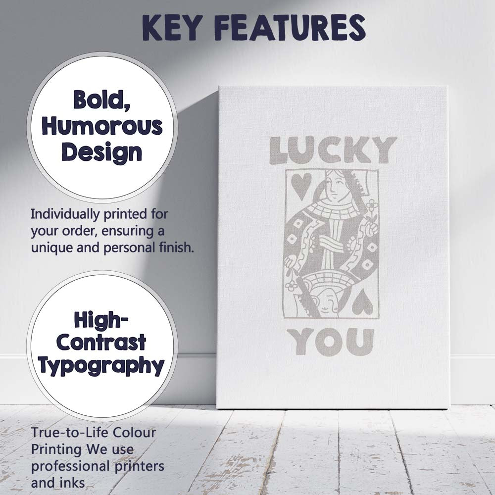 Minimalist Grey Lucky You Queen of Hearts Playing Card Typography Canvas Wall Art Print Decor Picture Ready to Hang
