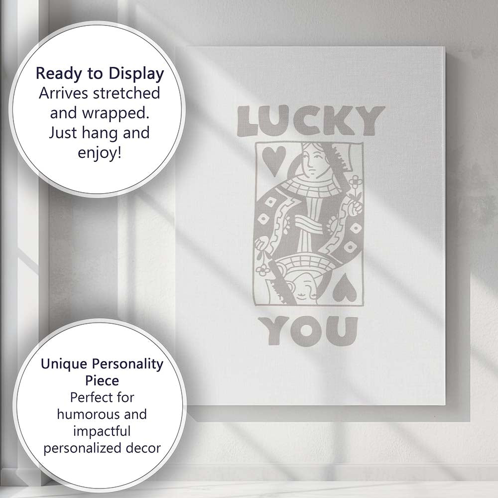 Minimalist Grey Lucky You Queen of Hearts Playing Card Typography Canvas Wall Art Print Decor Picture Ready to Hang