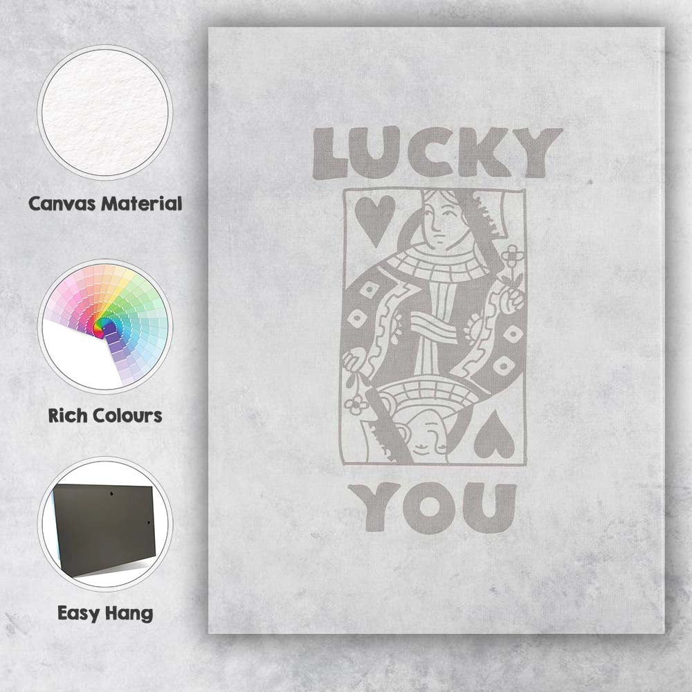 Minimalist Grey Lucky You Queen of Hearts Playing Card Typography Canvas Wall Art Print Decor Picture Ready to Hang