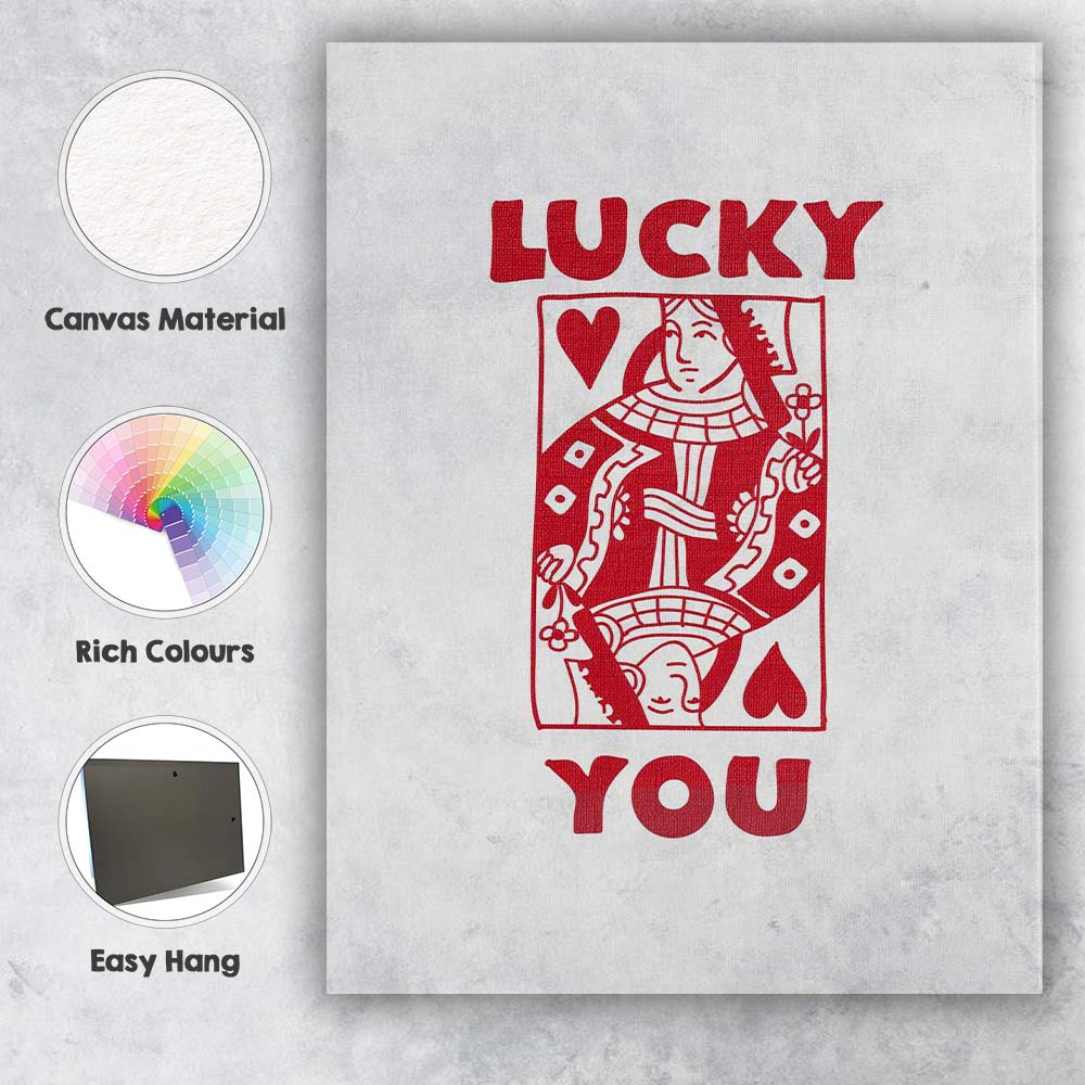 Minimalist Red Lucky You Queen of Hearts Playing Card Typography Canvas Wall Art Print Decor Picture Ready to Hang
