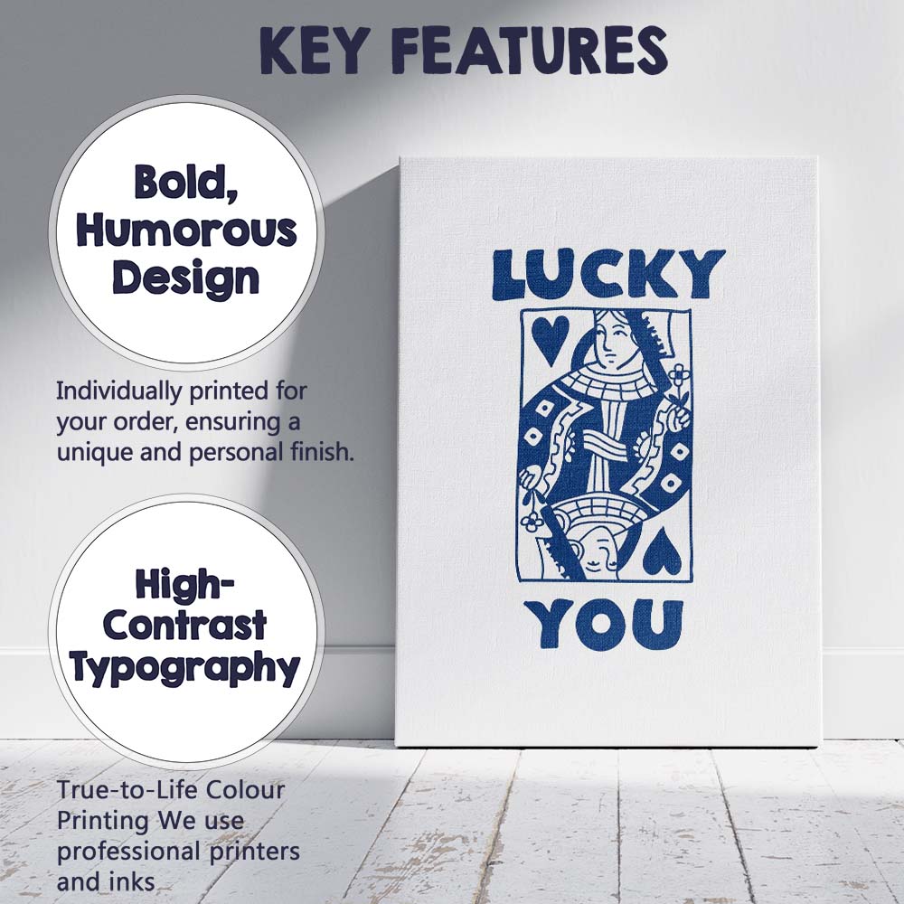 Minimalist Blue Lucky You Queen of Hearts Playing Card Typography Canvas Wall Art Print Decor Picture Ready to Hang