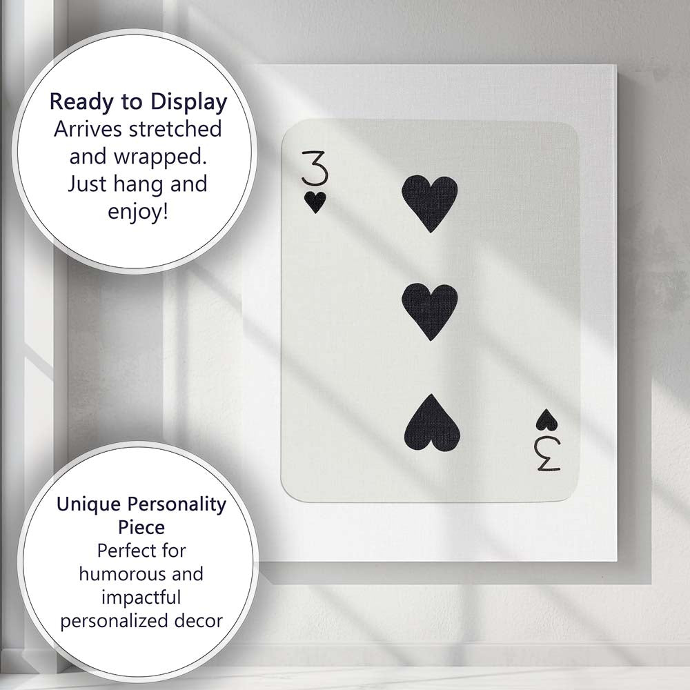 Minimalist Black Three of Hearts Playing Card Modern Classic Design Canvas Wall Art Print Decor Picture Ready to Hang