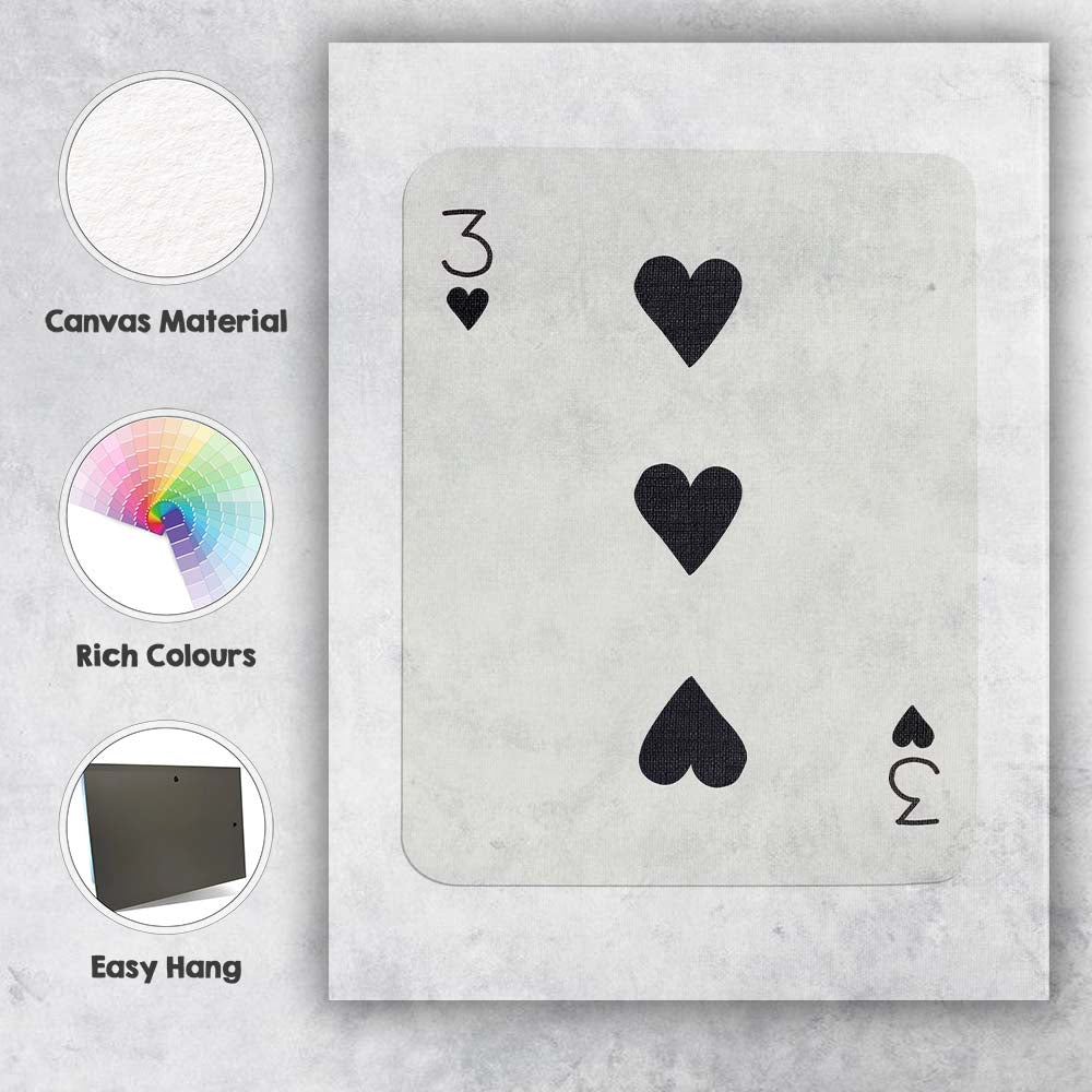 Minimalist Black Three of Hearts Playing Card Modern Classic Design Canvas Wall Art Print Decor Picture Ready to Hang