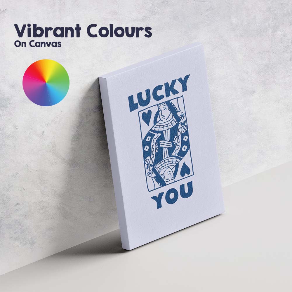 Minimalist Navy Lucky You Queen of Hearts Playing Card Typography Canvas Wall Art Print Decor Picture Ready to Hang