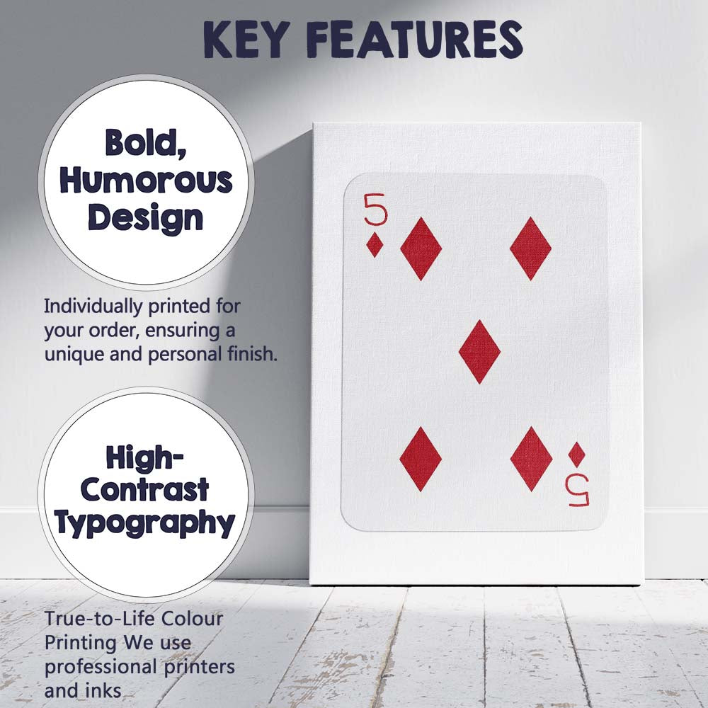 Minimalist Red Five of Diamonds Playing Card Modern Classic Design Canvas Wall Art Print Decor Picture Ready to Hang