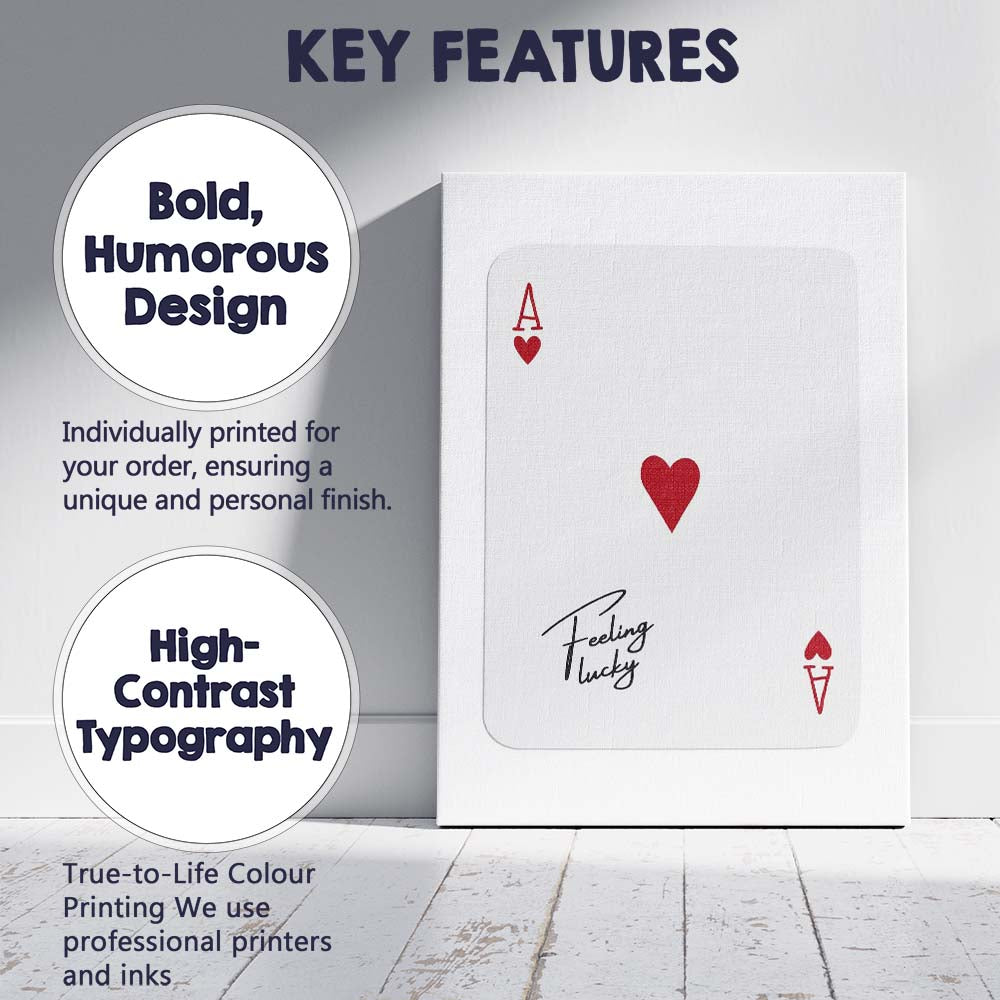 Minimalist Red Ace of Hearts Feeling Lucky Typography Playing Card Canvas Wall Art Print Decor Picture Ready to Hang