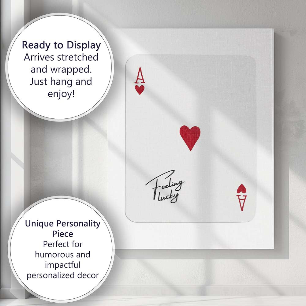 Minimalist Red Ace of Hearts Feeling Lucky Typography Playing Card Canvas Wall Art Print Decor Picture Ready to Hang