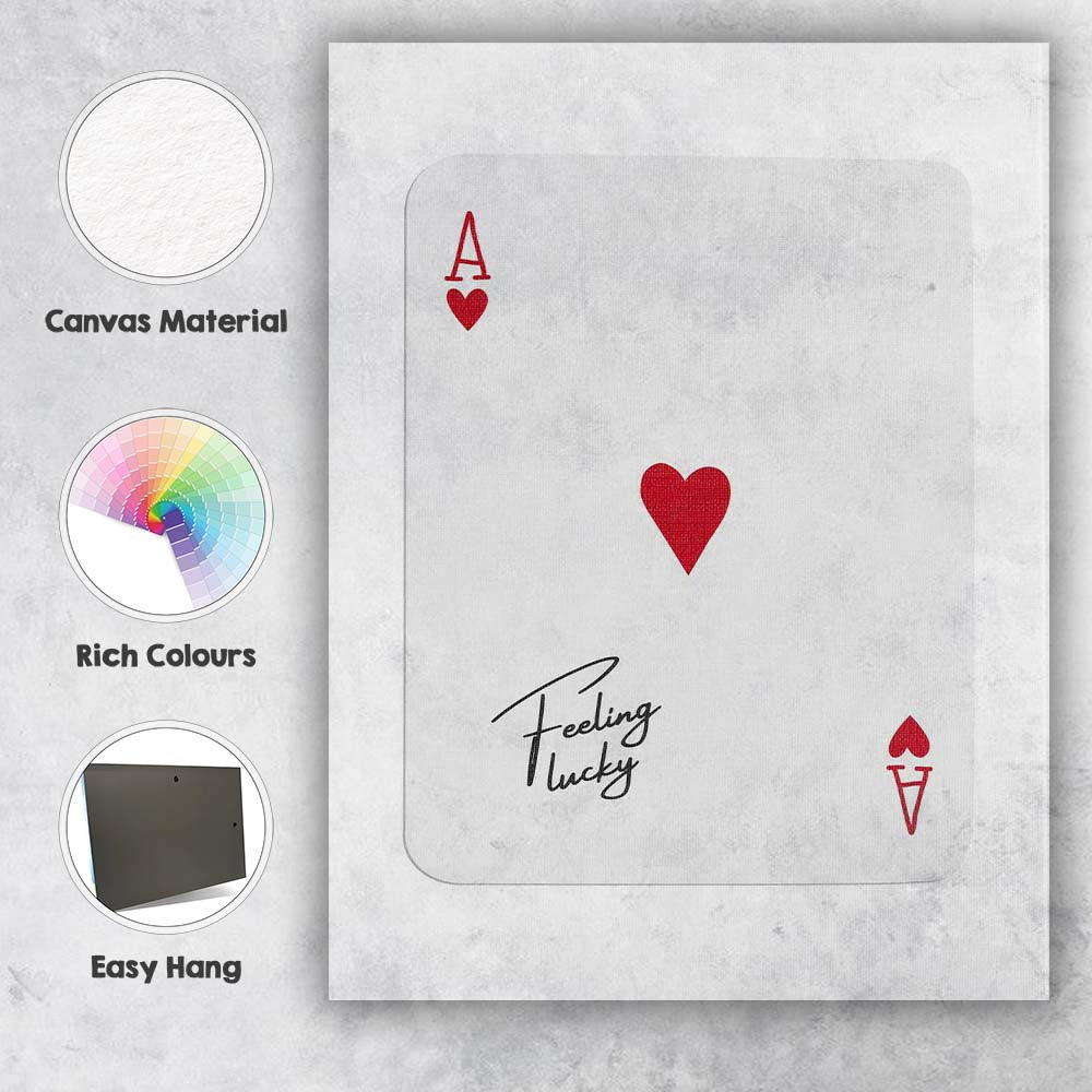 Minimalist Red Ace of Hearts Feeling Lucky Typography Playing Card Canvas Wall Art Print Decor Picture Ready to Hang
