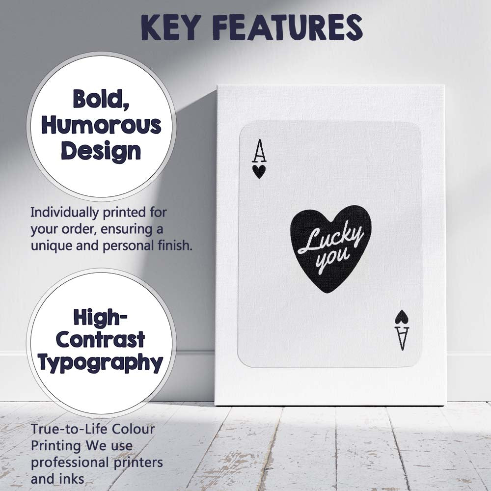 Minimalist Black Ace of Hearts Lucky You Typography Playing Card Canvas Wall Art Print Decor Picture Ready to Hang