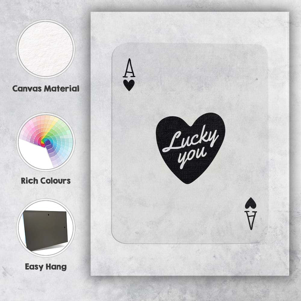 Minimalist Black Ace of Hearts Lucky You Typography Playing Card Canvas Wall Art Print Decor Picture Ready to Hang