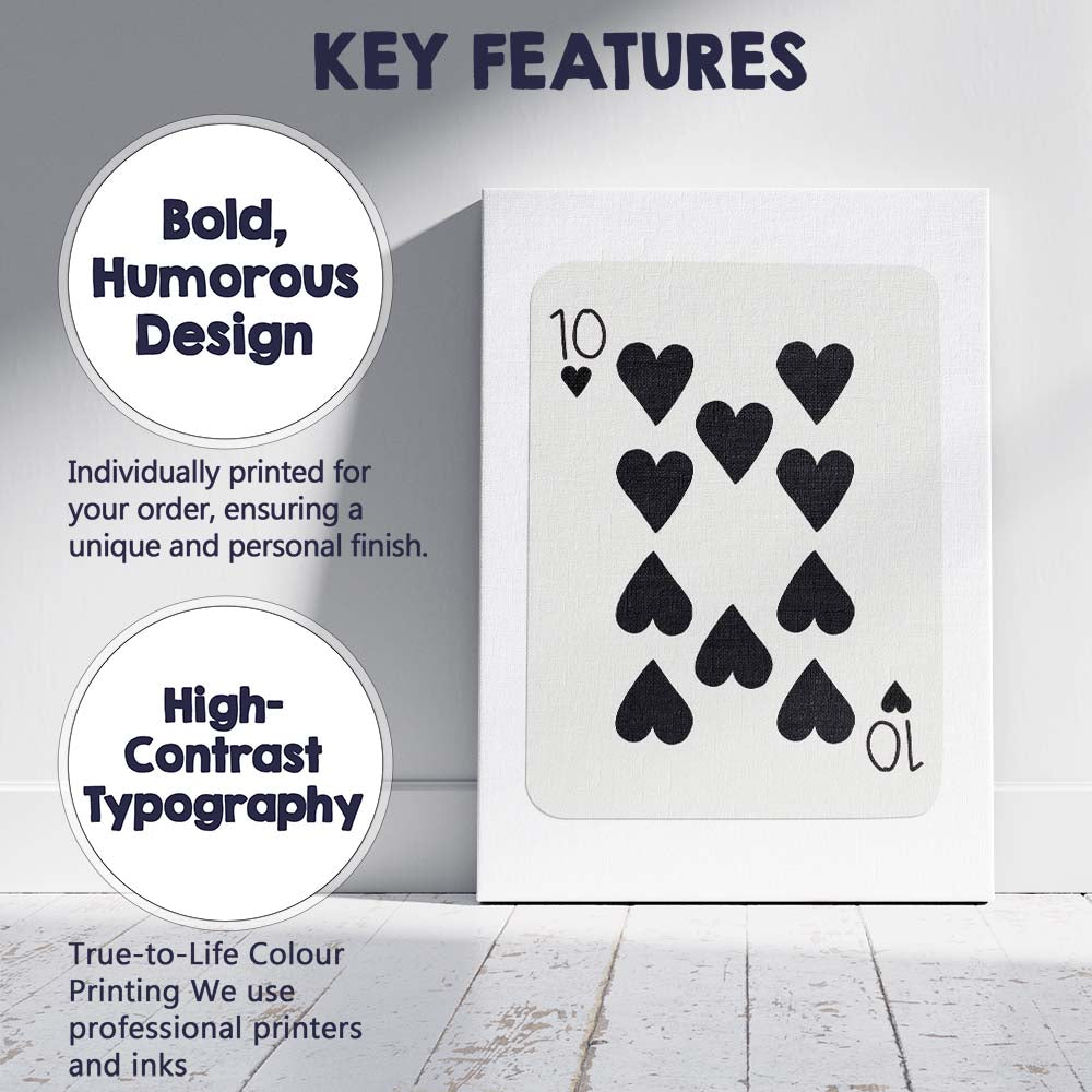 Minimalist Black Ten of Hearts Playing Card Modern Classic Design Canvas Wall Art Print Decor Picture Ready to Hang