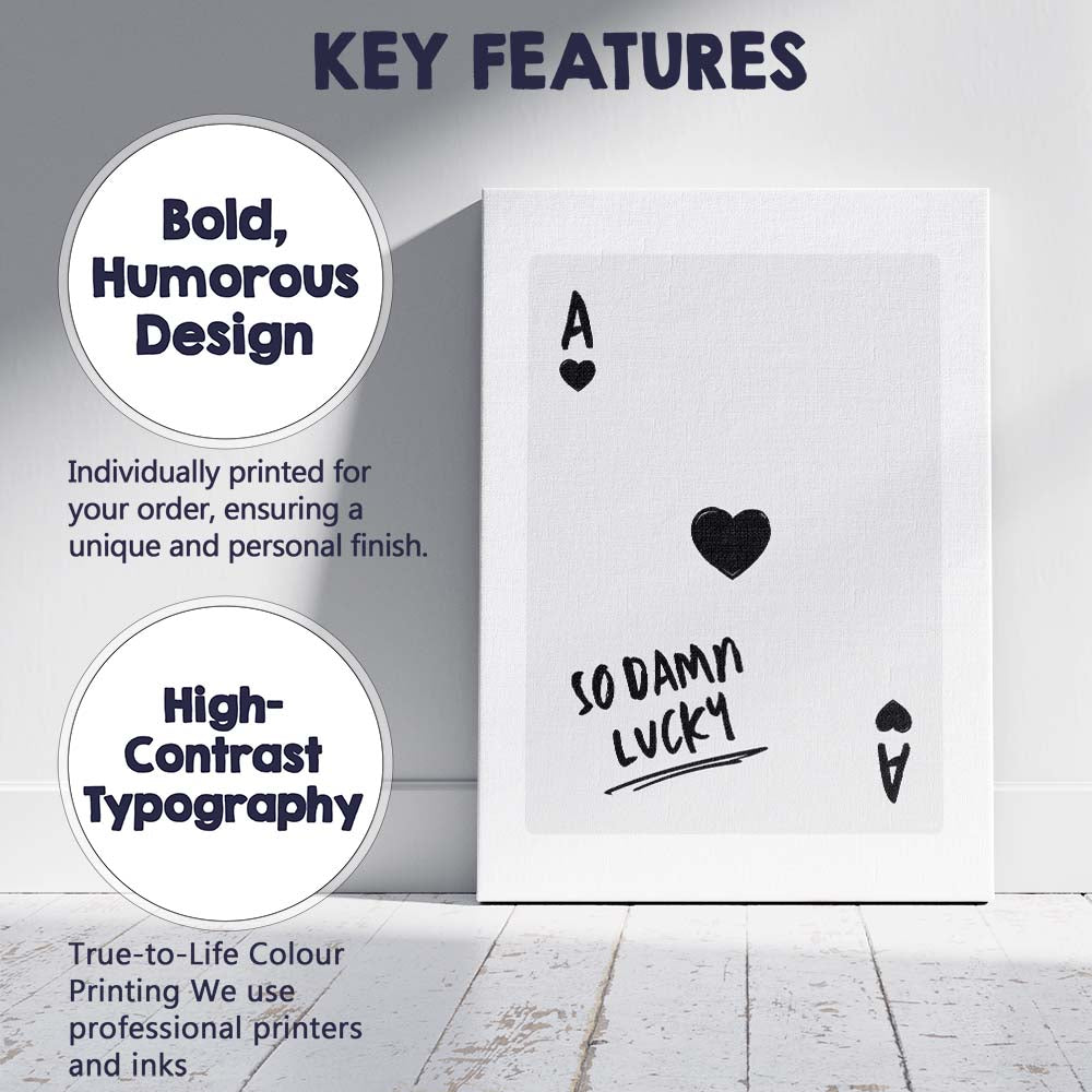 Minimalist Black Ace of Hearts So Damn Lucky Typography Playing Card Canvas Wall Art Print Decor Picture Ready to Hang