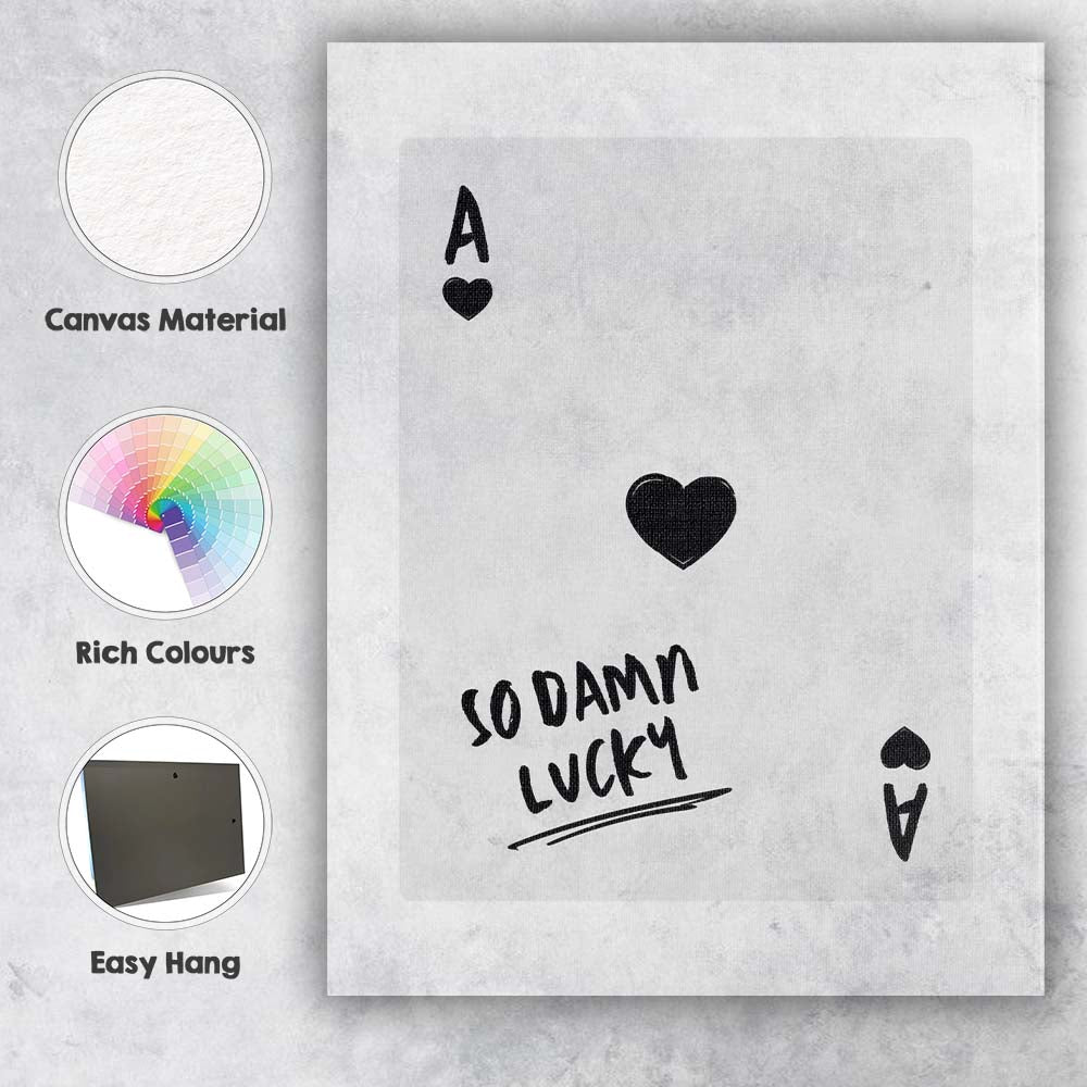 Minimalist Black Ace of Hearts So Damn Lucky Typography Playing Card Canvas Wall Art Print Decor Picture Ready to Hang