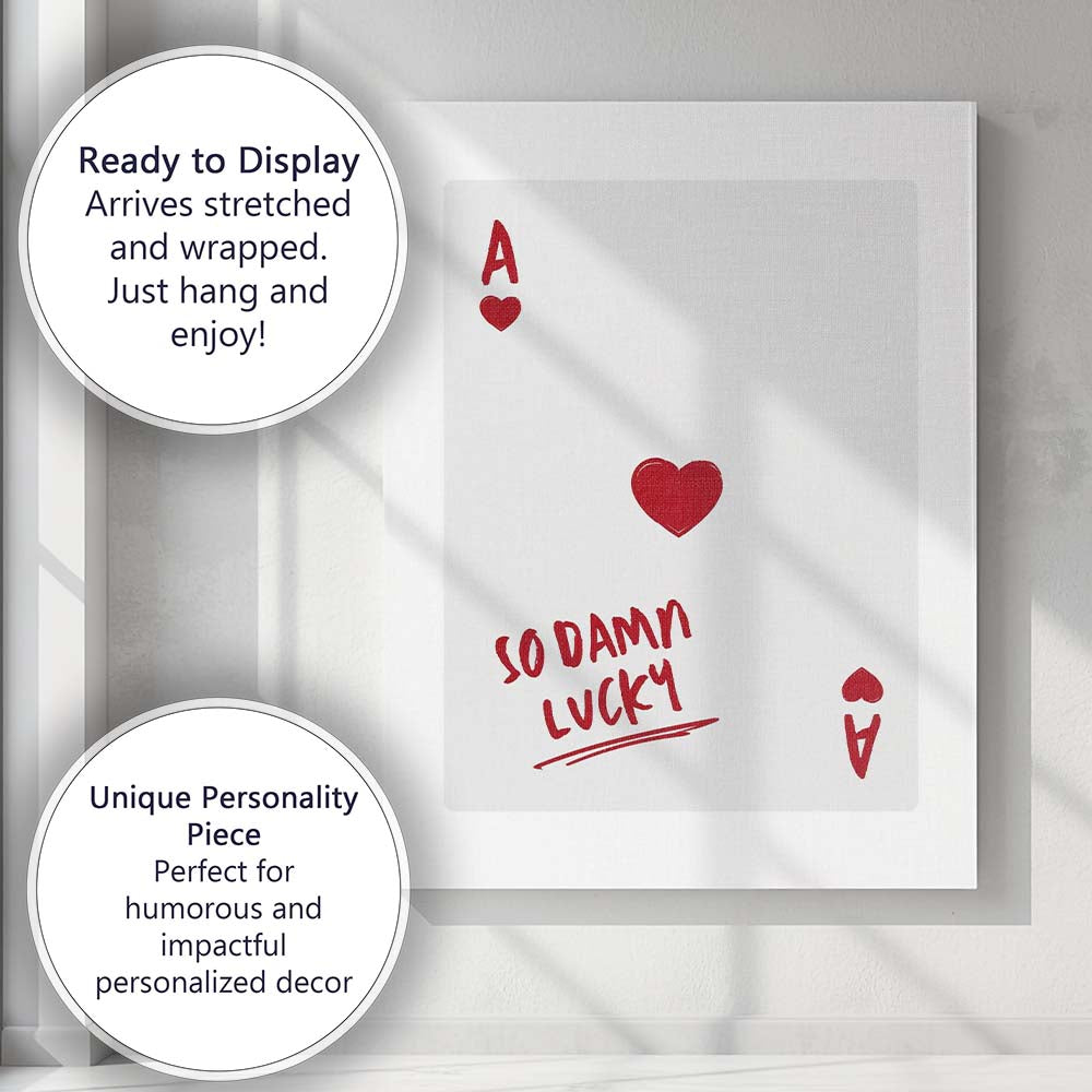 Minimalist Red Ace of Hearts So Damn Lucky Typography Playing Card Canvas Wall Art Print Decor Picture Ready to Hang