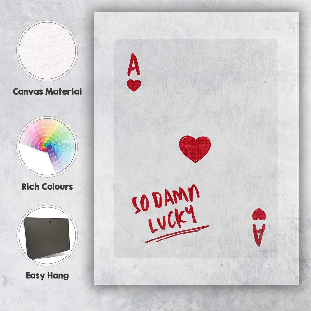 Minimalist Red Ace of Hearts So Damn Lucky Typography Playing Card Canvas Wall Art Print Decor Picture Ready to Hang